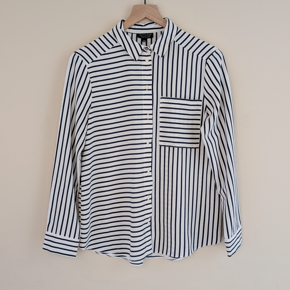 Topshop Navy and White Striped Button-Down Shirt